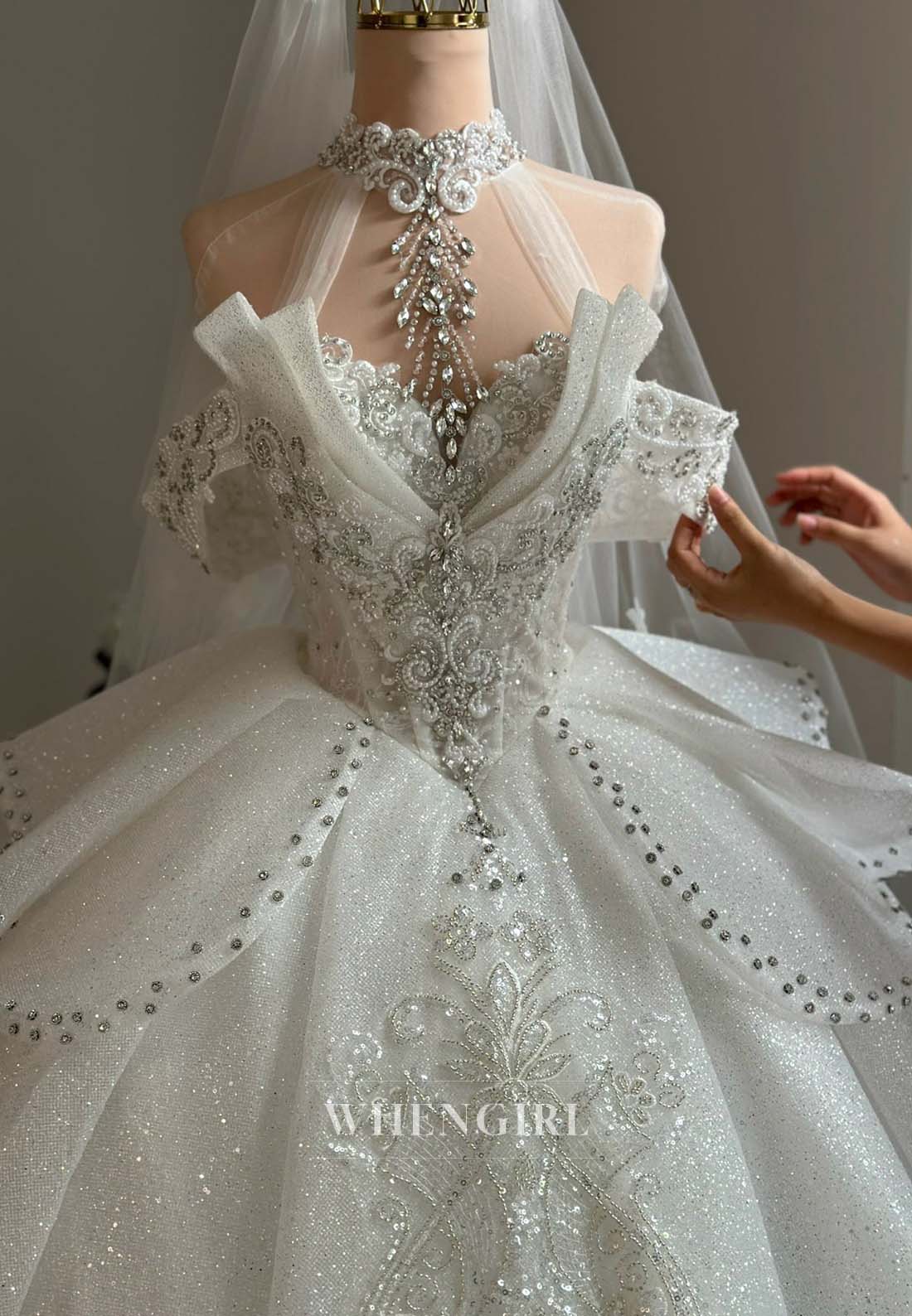 Luxury High Neck Sleeveless Rhinestone Pearls Beaded A-Line Long Wedding Dress
