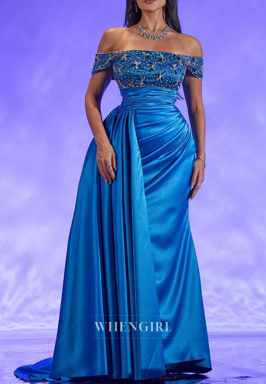 Ocean Blue Off Shoulder Rhinestone Beading Formal Dress Sleeveless Back Zipper Pleated Sheath Evening Gown