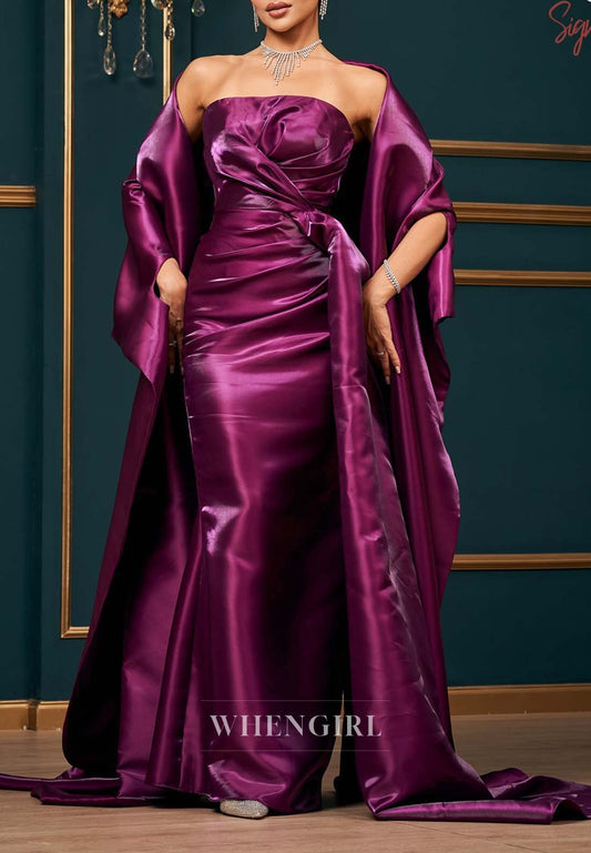 Orchid Ruched Sheath Strapless Long Formal Dress Evening Gown with Cape