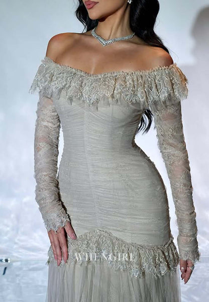 Agave Green Off Shoulder Long Sleeves Sheath Formal Dress Lace Sweep Train Evening Gown