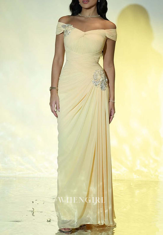 Yellow off Shoulder Formal Dress Beaded Pleated Sheath Evening Gown