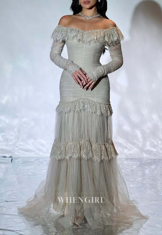 Agave Green Off Shoulder Long Sleeves Sheath Formal Dress Lace Sweep Train Evening Gown