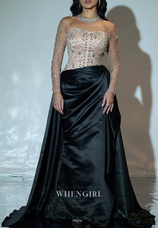 Beaded Pleated Sweep Train Evening Dress Sweetheart Long Illusion Sleeves Sheath Formal Gown