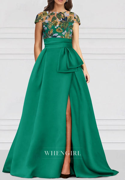 A-Line Bateau Neck Cap Sleeves Sequins Embroidery Side Slit Mother of the Bride Dress