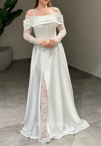 A-Line Off Shoulder Pleated Long Lace Sleeves Lace Up Evening Formal Gown