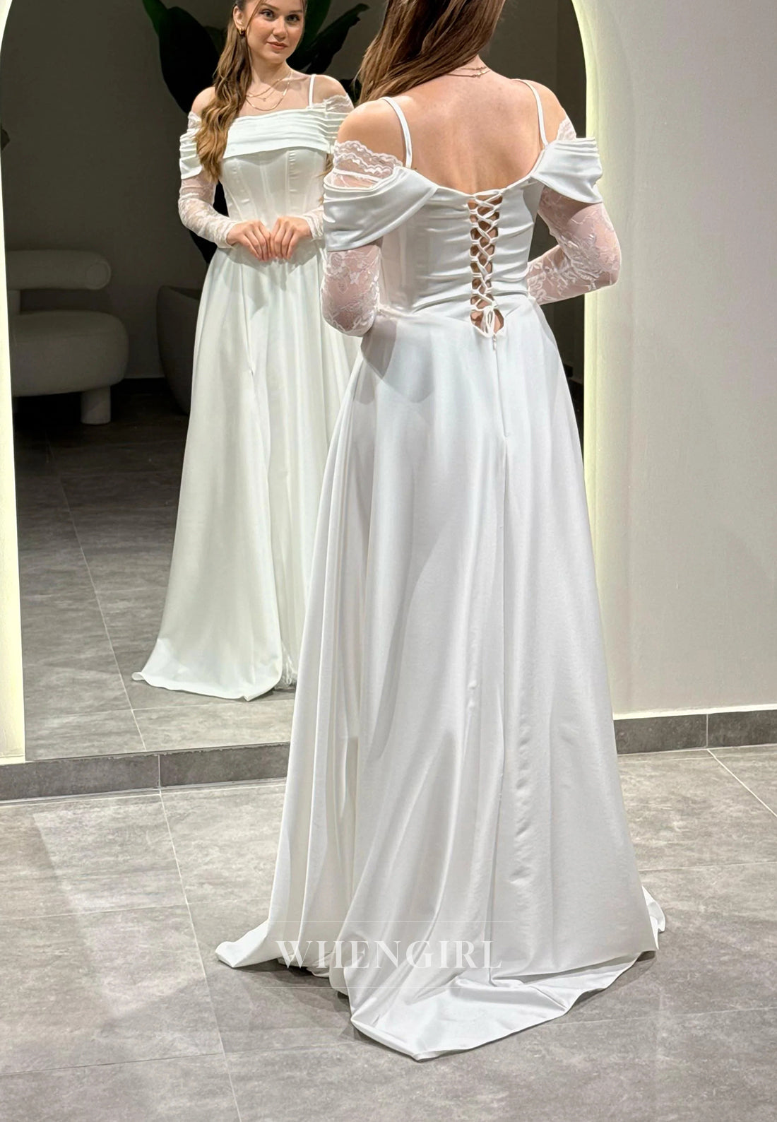 A-Line Off Shoulder Pleated Long Lace Sleeves Lace Up Evening Formal Gown