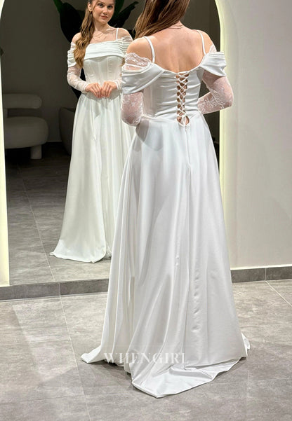 A-Line Off Shoulder Pleated Long Lace Sleeves Lace Up Evening Formal Gown
