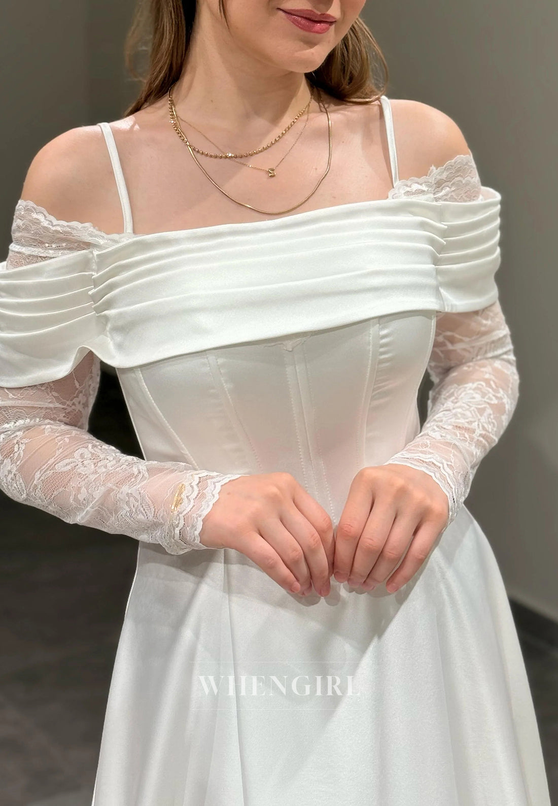 A-Line Off Shoulder Pleated Long Lace Sleeves Lace Up Evening Formal Gown