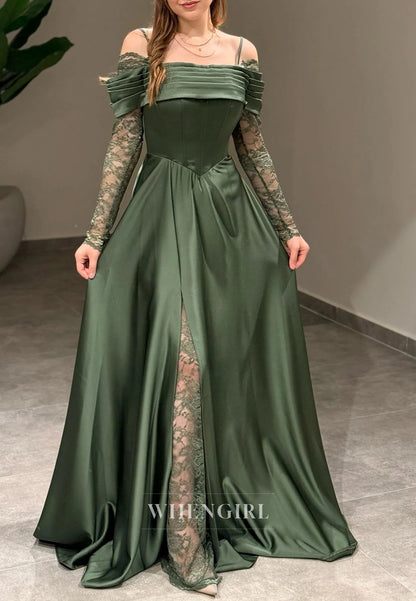 A-Line Off Shoulder Pleated Long Lace Sleeves Lace Up Evening Formal Gown