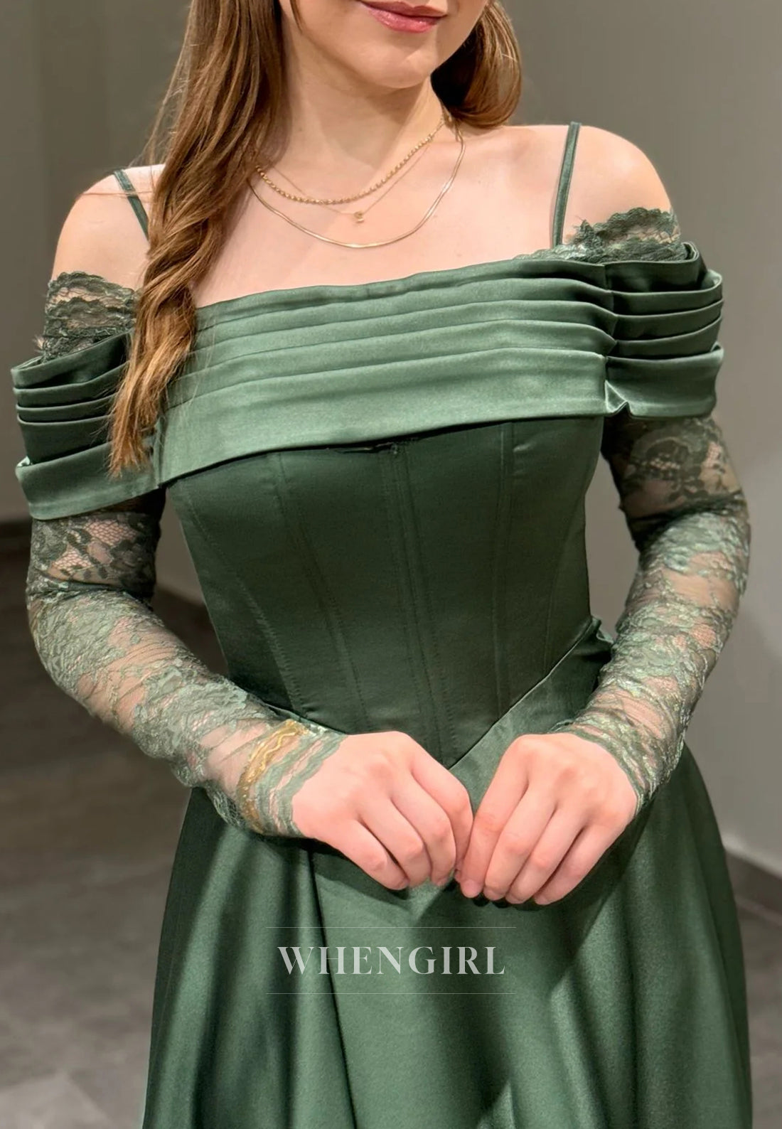 A-Line Off Shoulder Pleated Long Lace Sleeves Lace Up Evening Formal Gown