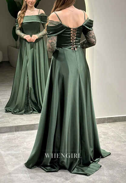 A-Line Off Shoulder Pleated Long Lace Sleeves Lace Up Evening Formal Gown