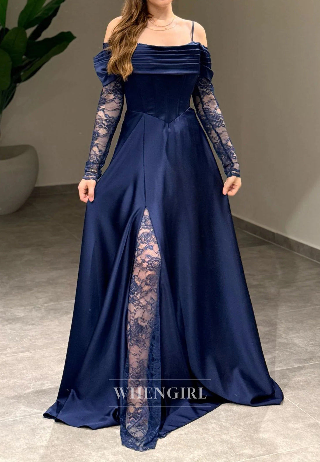 A-Line Off Shoulder Pleated Long Lace Sleeves Lace Up Evening Formal Gown