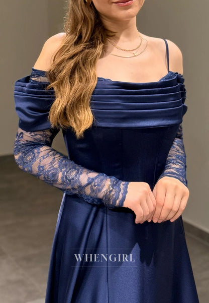 A-Line Off Shoulder Pleated Long Lace Sleeves Lace Up Evening Formal Gown