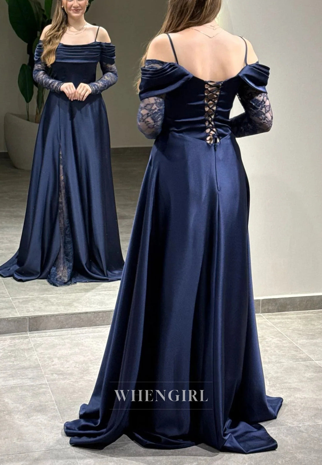 A-Line Off Shoulder Pleated Long Lace Sleeves Lace Up Evening Formal Gown