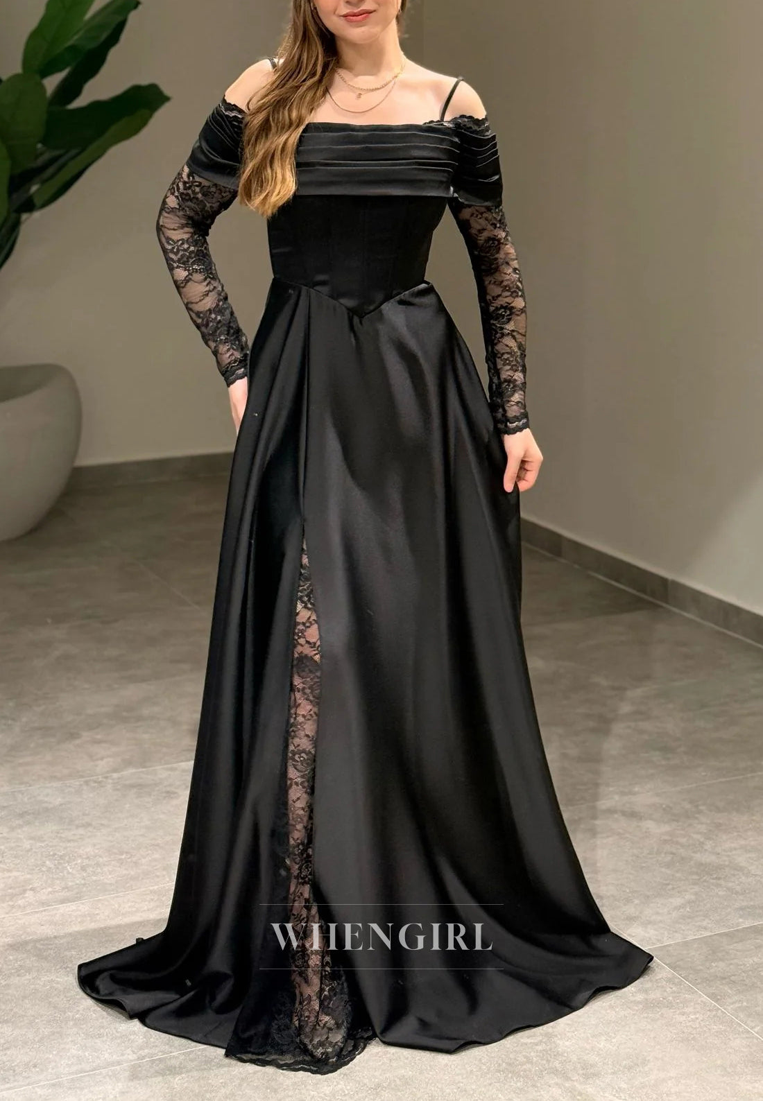 A-Line Off Shoulder Pleated Long Lace Sleeves Lace Up Evening Formal Gown