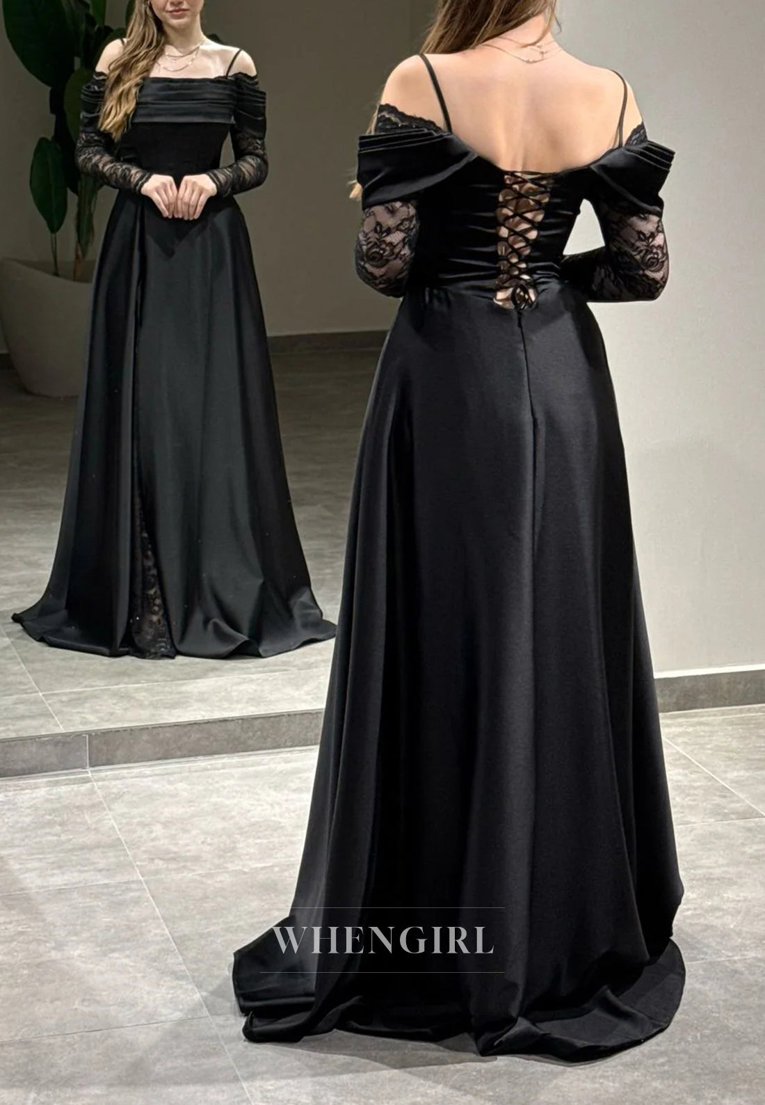 A-Line Off Shoulder Pleated Long Lace Sleeves Lace Up Evening Formal Gown