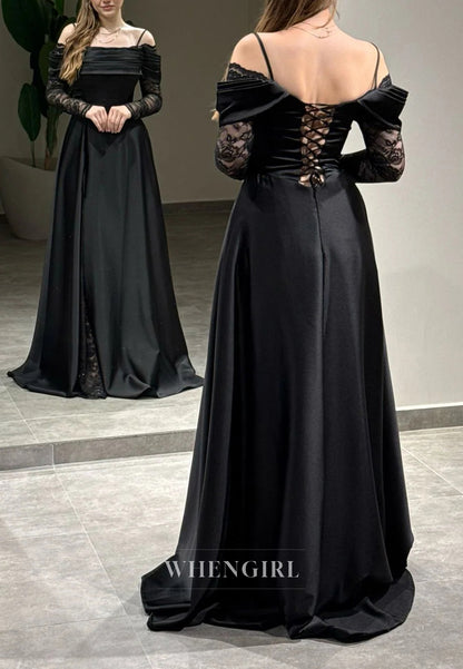 A-Line Off Shoulder Pleated Long Lace Sleeves Lace Up Evening Formal Gown