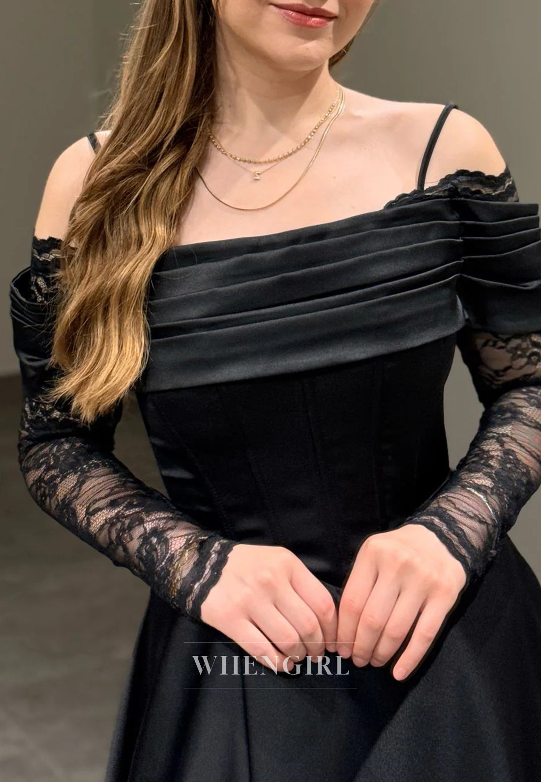 A-Line Off Shoulder Pleated Long Lace Sleeves Lace Up Evening Formal Gown