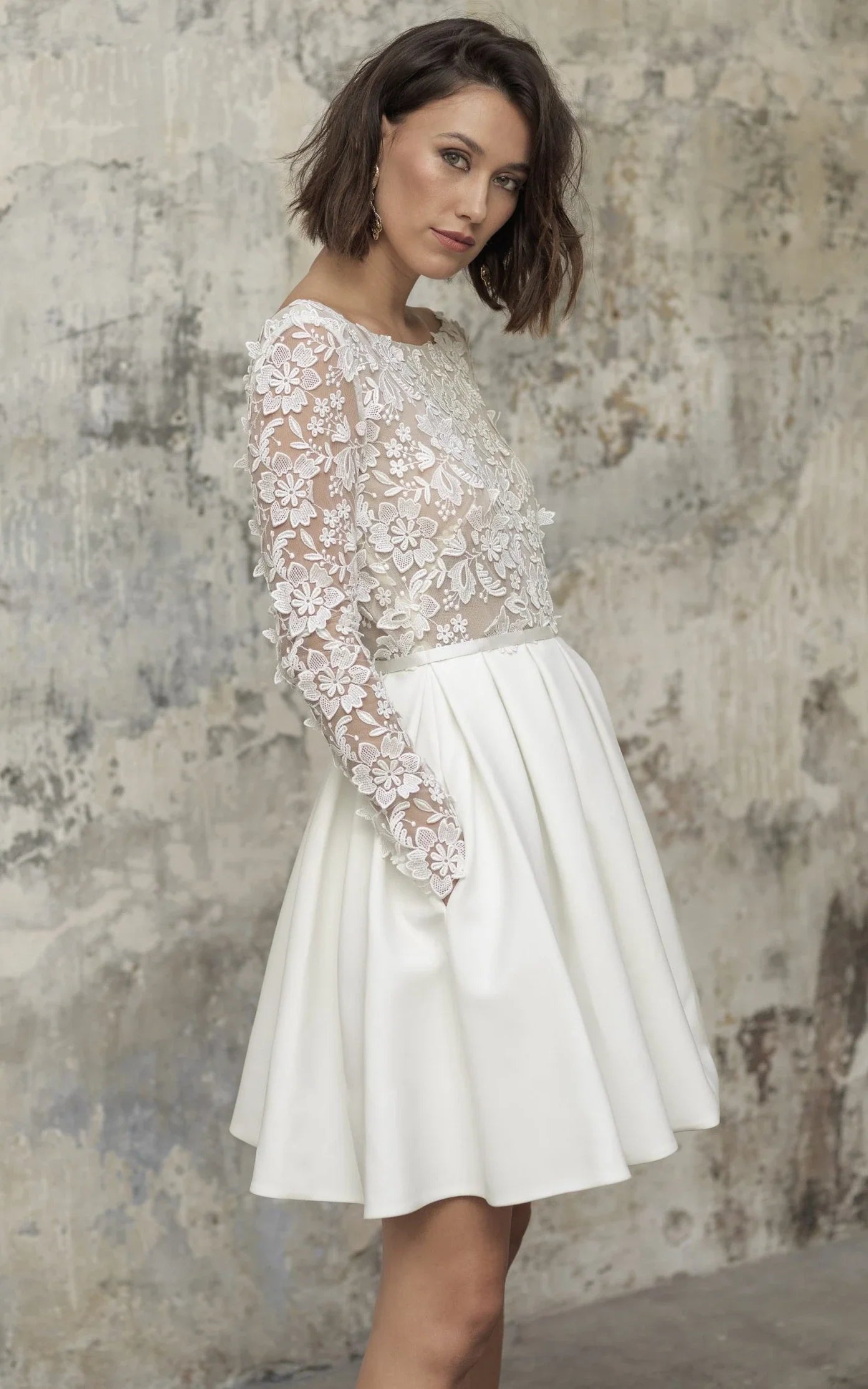 Simple A Line Short Knee-length Satin Lace Bateau Long Sleeve Wedding Dress