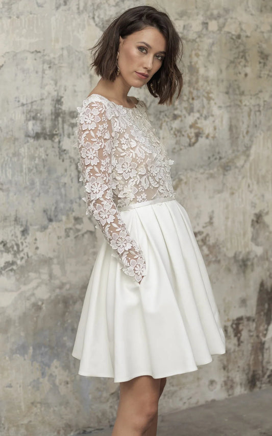 Simple A Line Short Knee-length Satin Lace Bateau Long Sleeve Wedding Dress