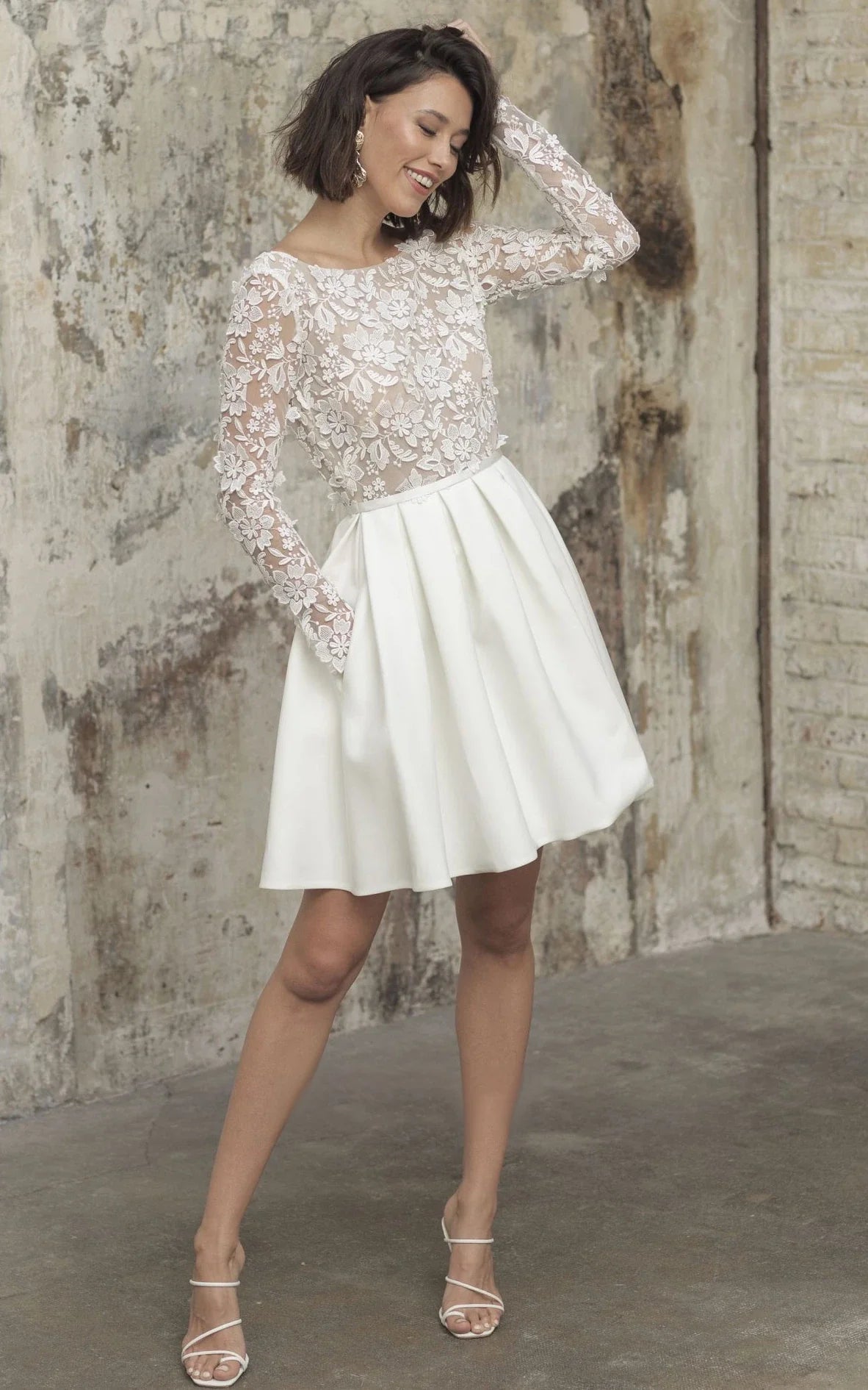 Simple A Line Short Knee-length Satin Lace Bateau Long Sleeve Wedding Dress