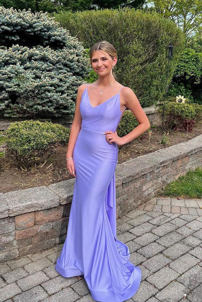 Simple purple Prom Dress Satin Mermaid Evening Dress Open Back