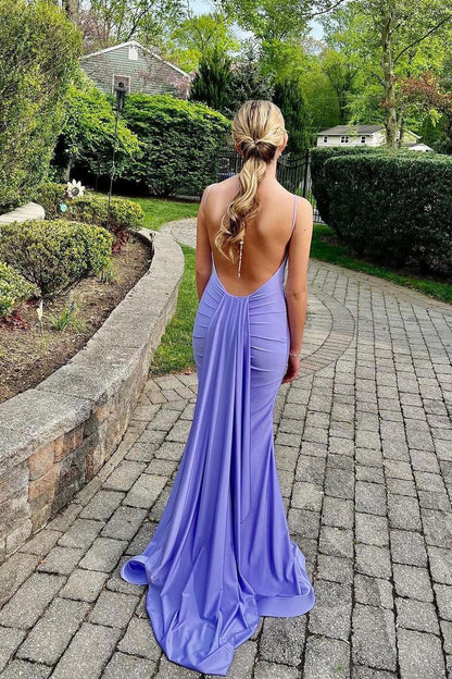 Simple purple Prom Dress Satin Mermaid Evening Dress Open Back
