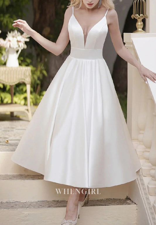 Simple A-Line Short Spaghetti Straps Satin V Neckline Wedding Dress