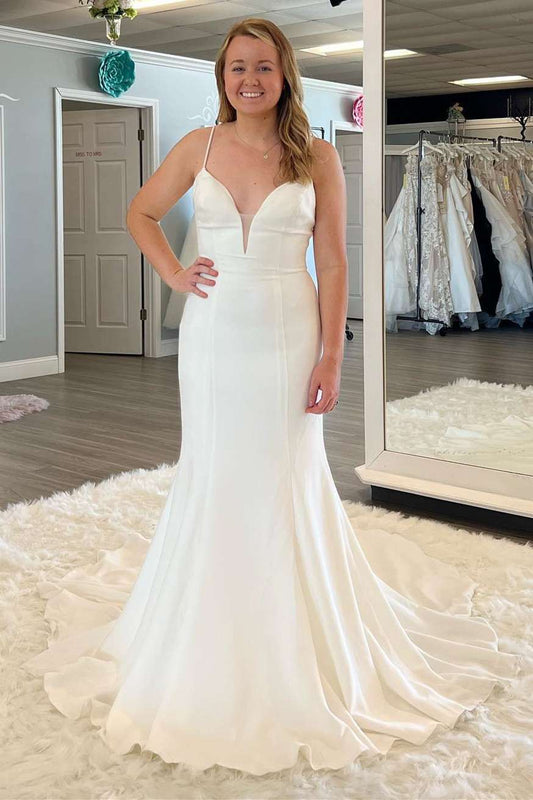 Mermaid Plunge V Spaghetti Straps Long Wedding Dress