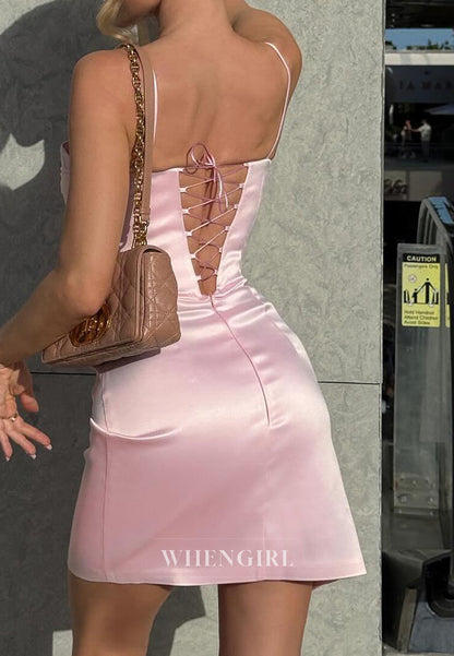 Sheath Ruched Sleeveless Spaghetti Straps Side Slit Satin Short Homecoming Dress