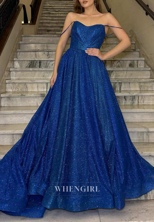 A-Line Royal Blue Spaghetti Straps Sleeveless Sparkle Prom Dress