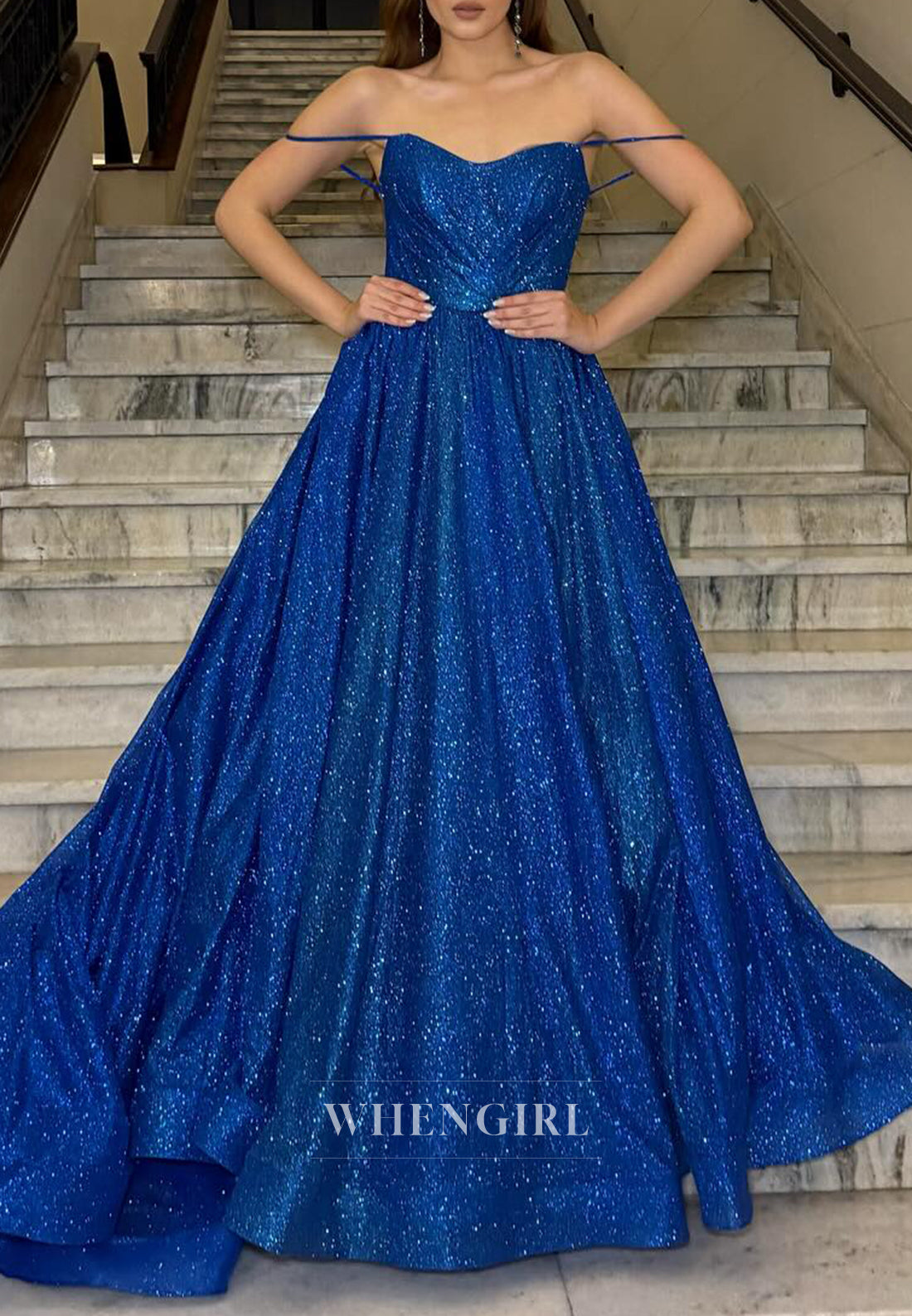 A-Line Royal Blue Spaghetti Straps Sleeveless Sparkle Prom Dress