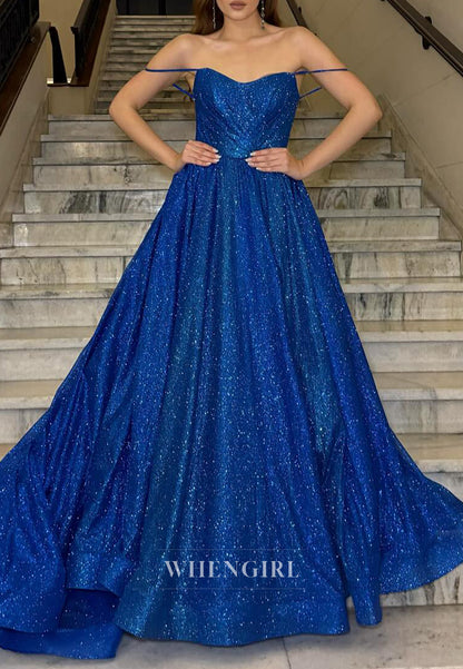 A-Line Royal Blue Spaghetti Straps Sleeveless Sparkle Prom Dress