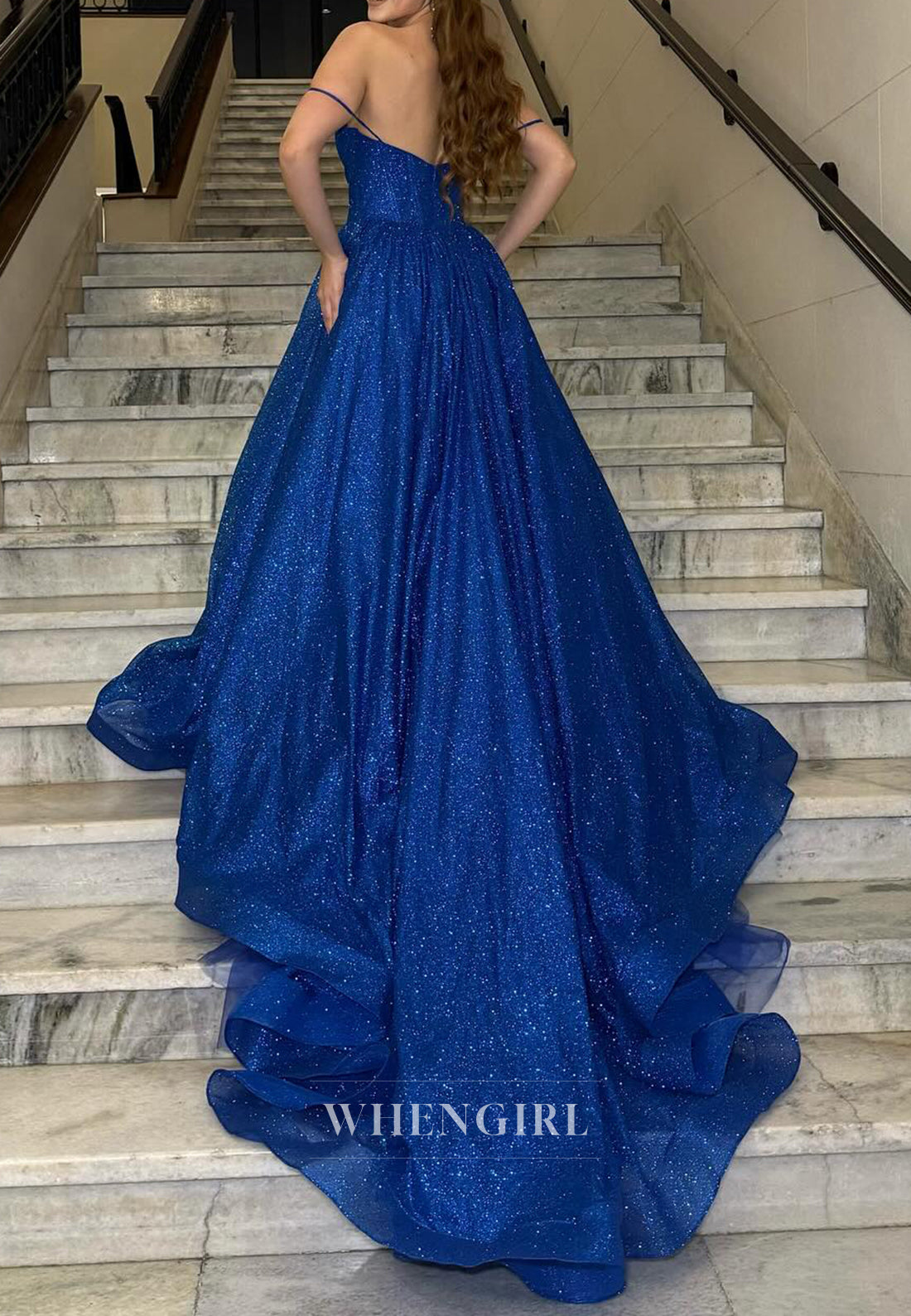 A-Line Royal Blue Spaghetti Straps Sleeveless Sparkle Prom Dress