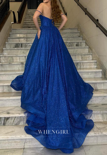 A-Line Royal Blue Spaghetti Straps Sleeveless Sparkle Prom Dress