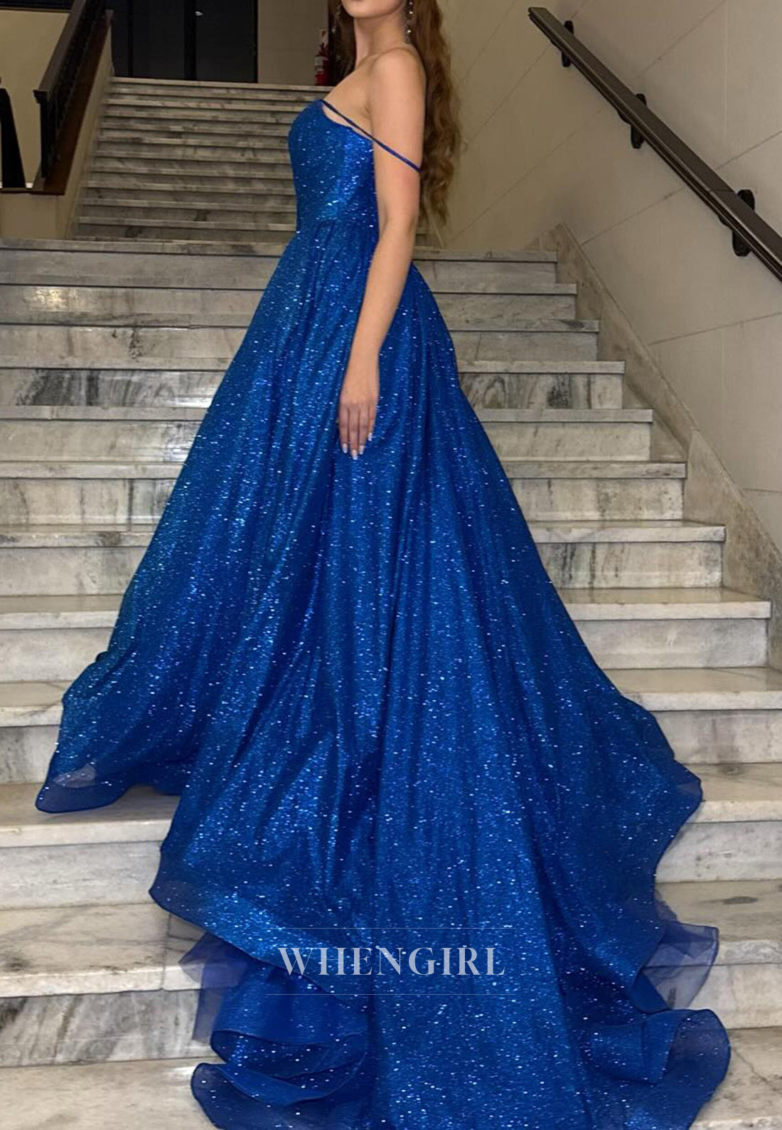 A-Line Royal Blue Spaghetti Straps Sleeveless Sparkle Prom Dress