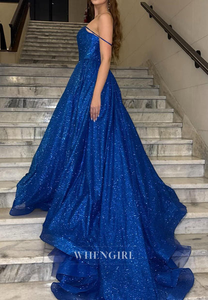 A-Line Royal Blue Spaghetti Straps Sleeveless Sparkle Prom Dress