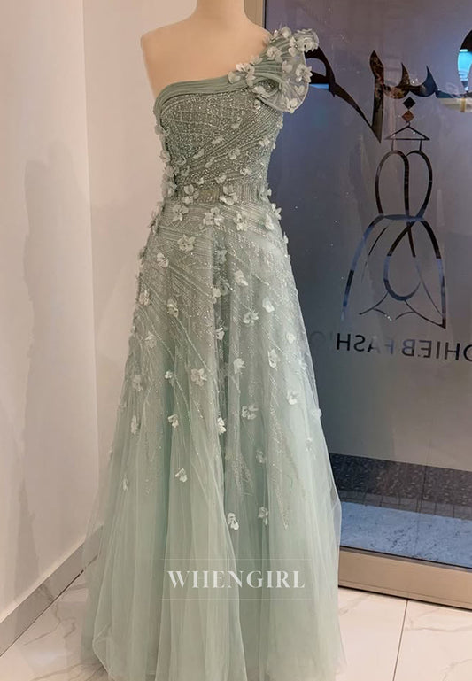 Agave Green One Shoulder Sleeveless Floral Tulle Formal Gown Pleated A-Line Evening Dress