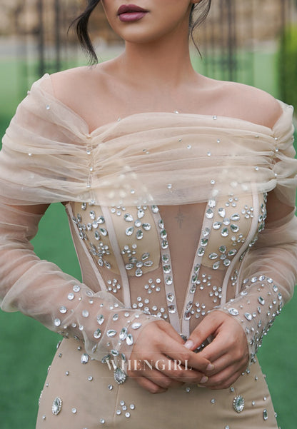 Champagne Off Shoulder Pleated Long Sleeves Rhinestones Beading Tulle Mermaid Wedding Dress