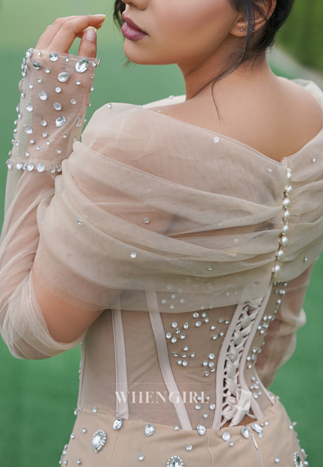 Champagne Off Shoulder Pleated Long Sleeves Rhinestones Beading Tulle Mermaid Wedding Dress