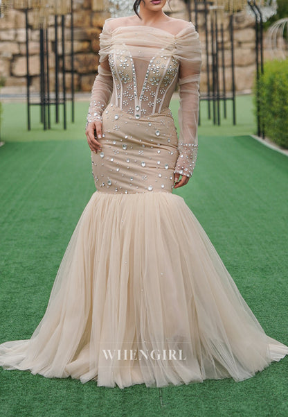 Champagne Off Shoulder Pleated Long Sleeves Rhinestones Beading Tulle Mermaid Wedding Dress