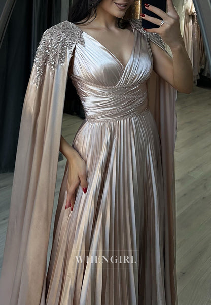 Champagne V Neck Beaded Sweep Train Pleated Back Zipper A-Line Evening Formal Dress