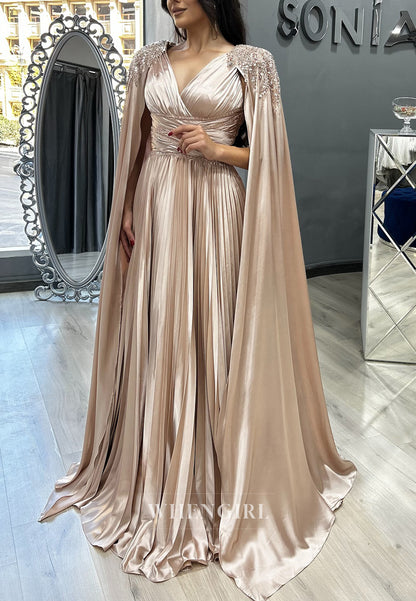 Champagne V Neck Beaded Sweep Train Pleated Back Zipper A-Line Evening Formal Dress