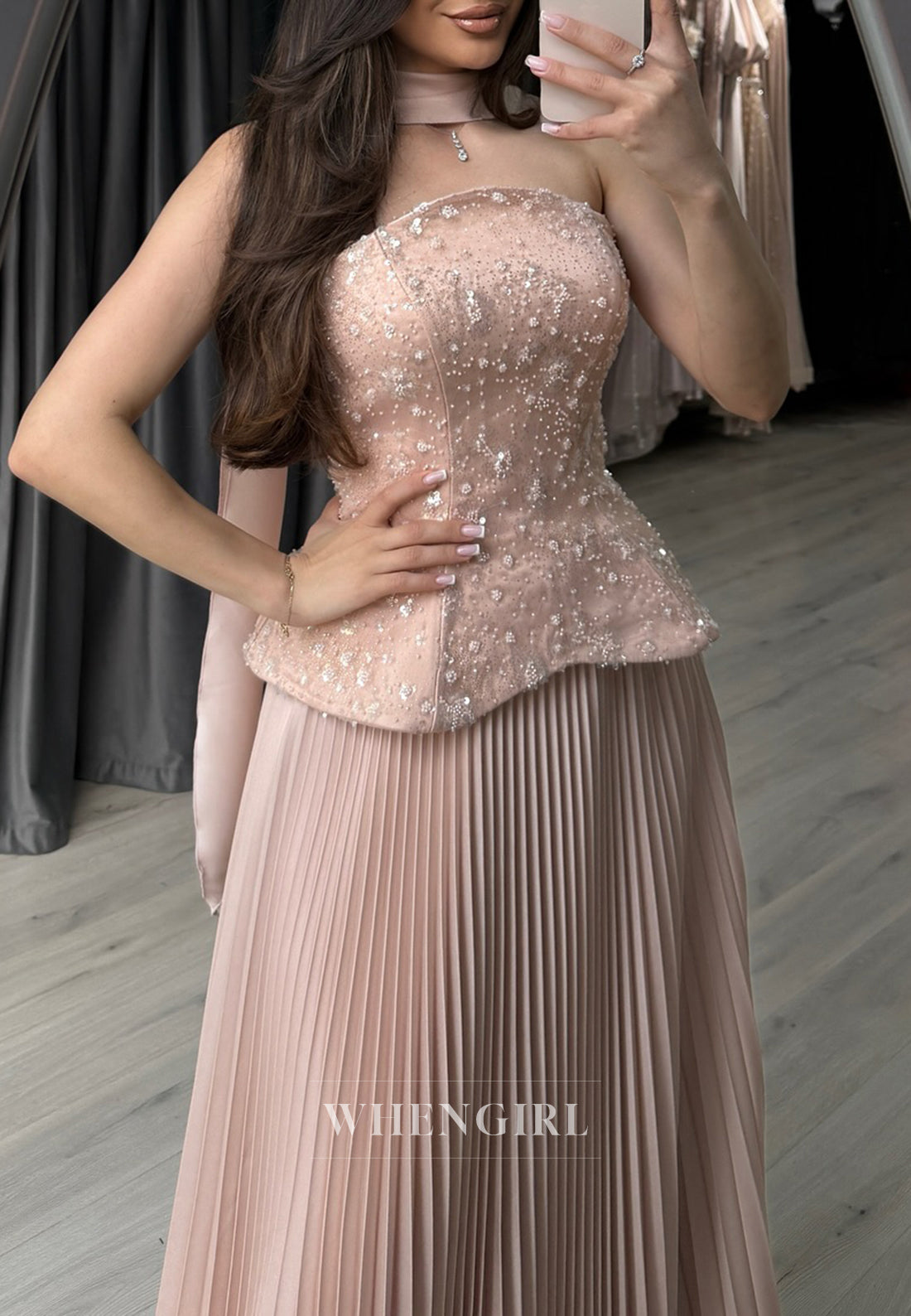 Dusty Pink Off Shoulder Beaded Pleated A-Line Sweep Train Evening Formal Dress with Scarf