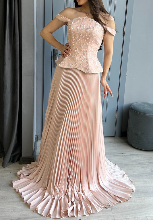 Dusty Pink Off Shoulder Beaded Pleated A-Line Sweep Train Evening Formal Dress with Scarf