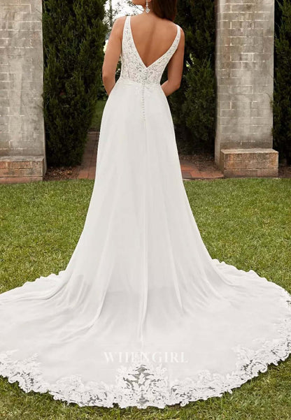 A-Line V Neck Sleeveless Appliqued Lace Side Slit Chiffon Beach Wedding Dress with Court Train