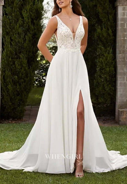 A-Line V Neck Sleeveless Appliqued Lace Side Slit Chiffon Beach Wedding Dress with Court Train