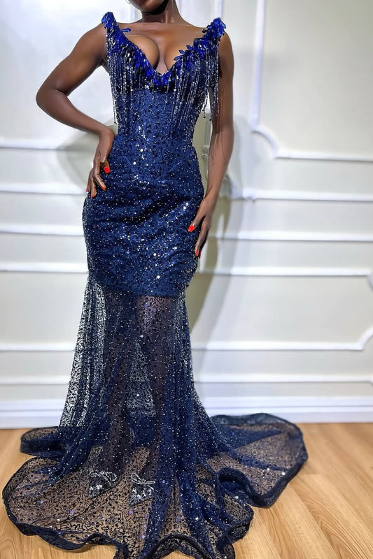 Sparkling Blue V-Neck Strapless Sleeveless Sequins Prom Dresses Mermaid With Lace-Up Back