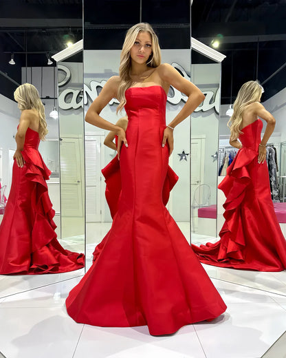 Strapless Red Satin Prom Dress Long Mermaid Formal Gown
