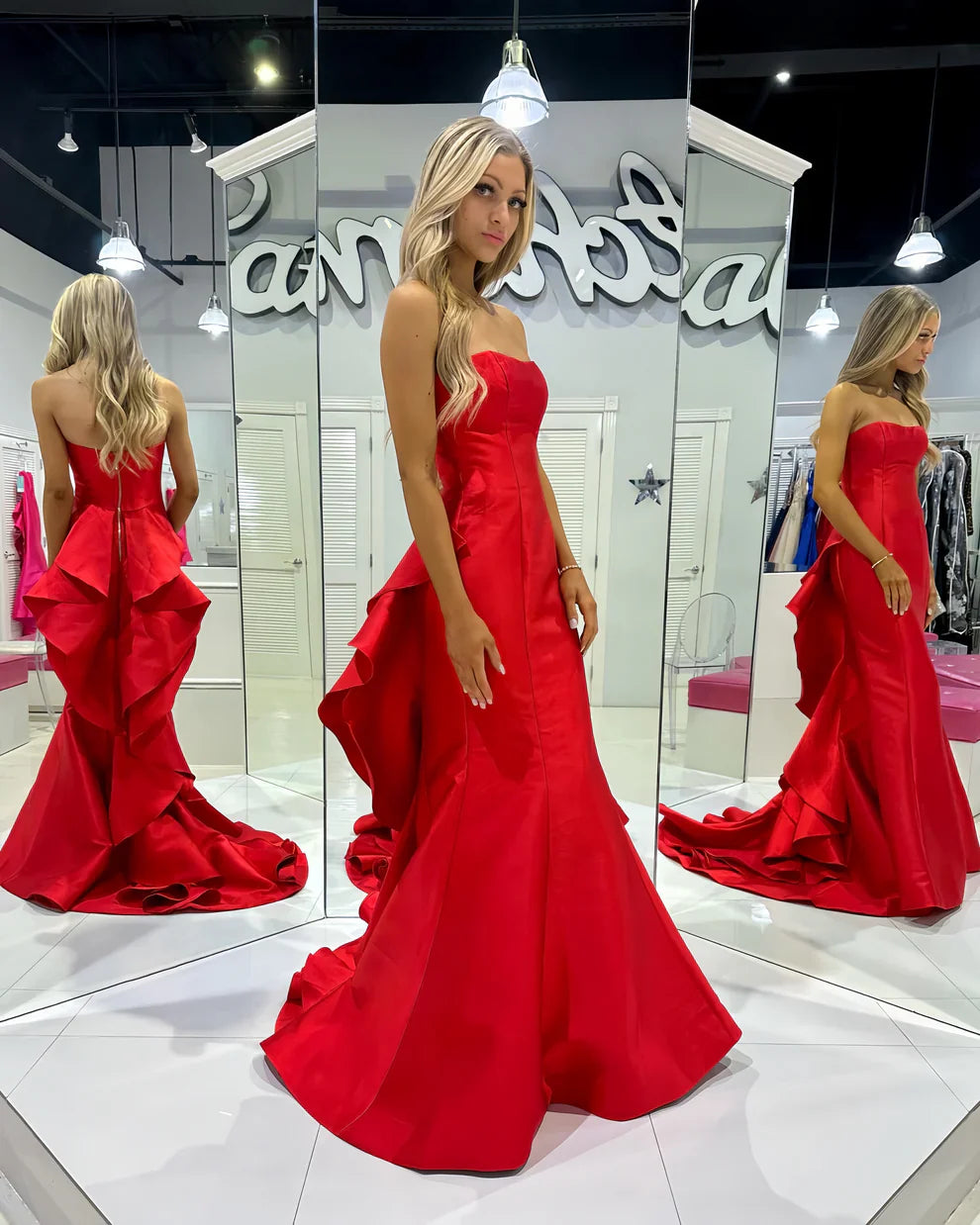 Strapless Red Satin Prom Dress Long Mermaid Formal Gown